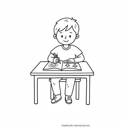 A coloring page of school boy sitting on his desk