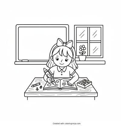 A coloring page of School girl sitting on his desk