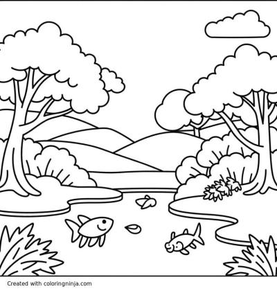 A coloring page of A serene landscape with japanese cherry blossom trees and a koi pond