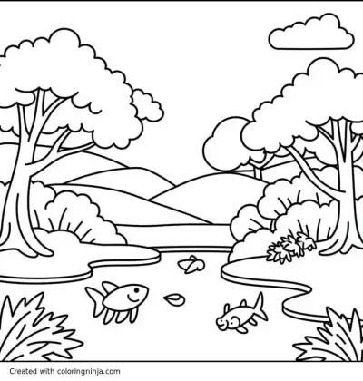 A coloring page of A serene landscape with japanese cherry blossom trees and a koi pond