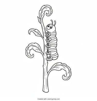 A coloring page of A silly caterpillar wearing striped socks crawling up a tall green plant stem.