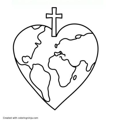 A coloring page of A simple picture of the world in the shape of a heart and a cross in the background bigger than the world 