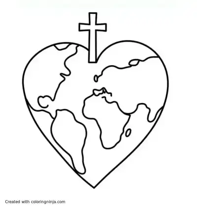 A coloring page of A simple picture of the world in the shape of a heart and a cross in the background bigger than the world 