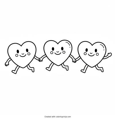 A coloring page of Smiling hearts holding hands