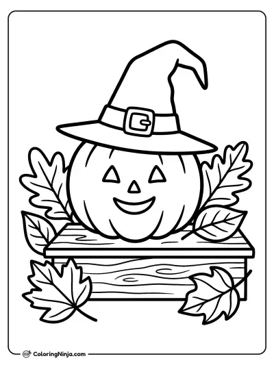 The Happy Jack O Lantern Wearing a Witch Hat on Wooden Bench Coloring Page