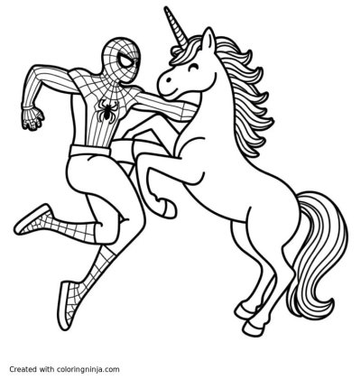 A coloring page of spiderman fighting a unicorn
