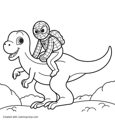 A coloring page of Spiderman riding a Dinosaur