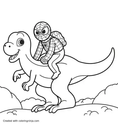 A coloring page of Spiderman riding a Dinosaur