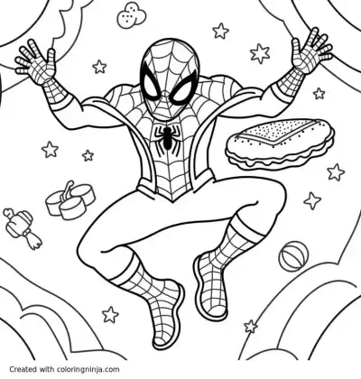 A coloring page of spiderman with soap, soup, socks, a sandwich, soccer, sofa, cereal, salt, six, sail, saw, and soy stuck in a web
