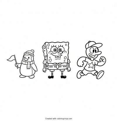 A coloring page of spongebob and club penguin and homestar