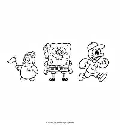 A coloring page of spongebob and club penguin and homestar
