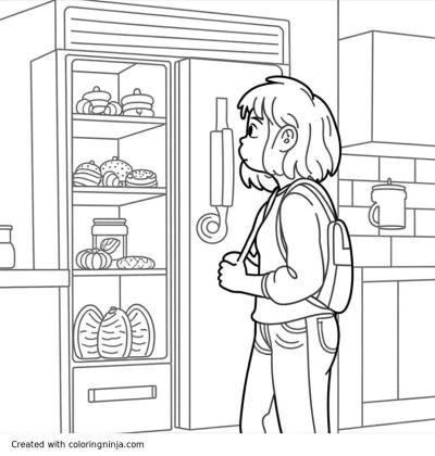 A coloring page of  A stoner teenage girl staring at a fridge full of snacks, drooling.