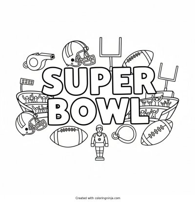 A coloring page of Super Bowl in big blocky letters with football things all around coloring page