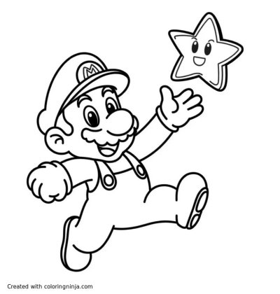 A coloring page of super mario catching a star
