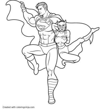A coloring page of superman vs catwoman