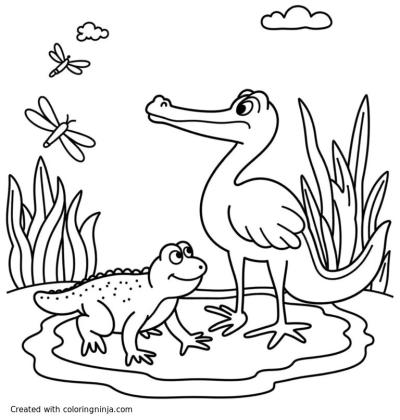 A coloring page of swamp smiling alligator egret eating frog dragonflys