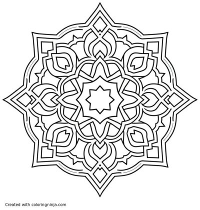 A coloring page of Symmetric Islamic geometric pattern of interlacing stars and polygons, clean line art, printable.