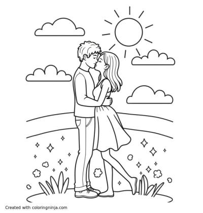 A coloring page of tall man and short thin woman kissing under a sunrise