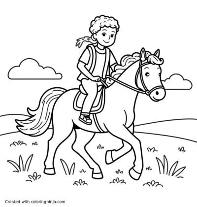 A coloring page of a teenager riding a horse through a meadow