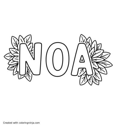 A coloring page of the text "NOA" with flowers around the letters