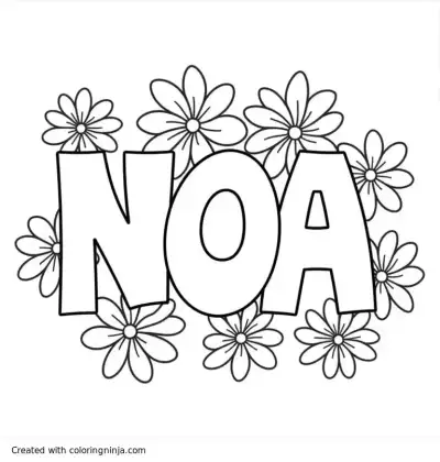 A coloring page of The text "NOA" with flowers