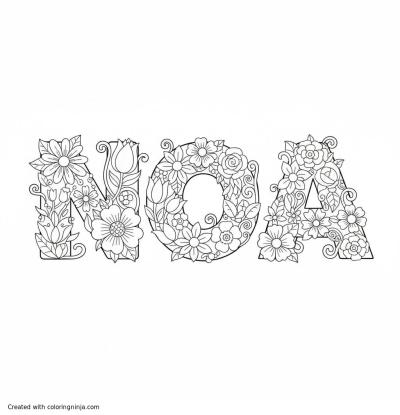 A coloring page of The text "NOA" with flowers