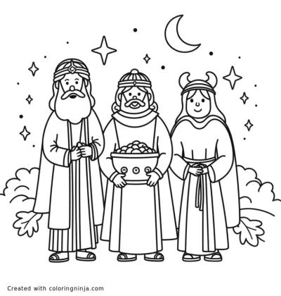 A coloring page of three magic kings