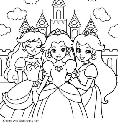 A coloring page of Three princesses that looks like the princess Peach, they should be in a castle like the one in LOL