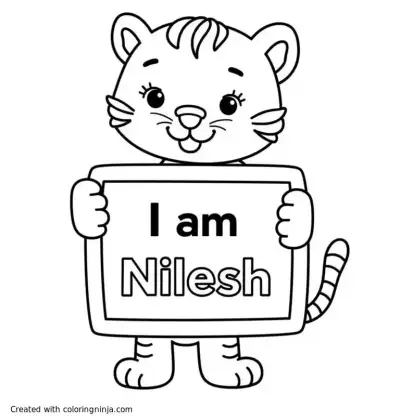A coloring page of tiger holding whiteboard with the name "I am Nilesh" on it.