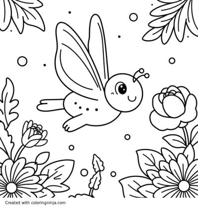 A coloring page of TINKER BELL FLYING IN A BEAUTIFUL GARDEN
