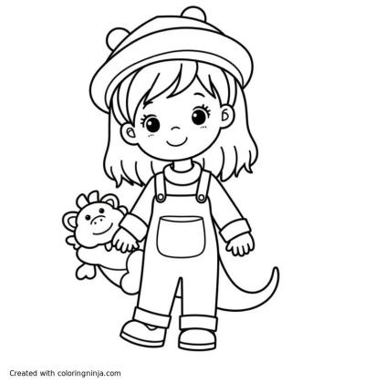 A coloring page of toddler girl with bearded dragon on her shoulder
