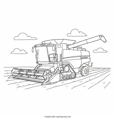 A coloring page of a tracked John Deere x9 1100 in a field