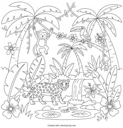 A coloring page of tropical rainforest