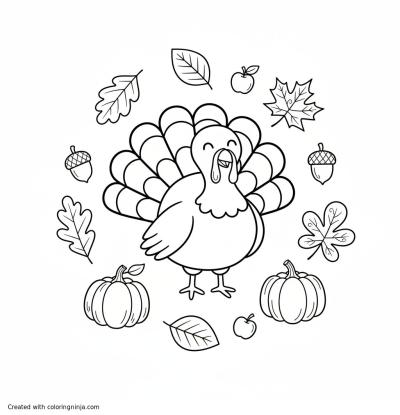 A coloring page of turkey and fall