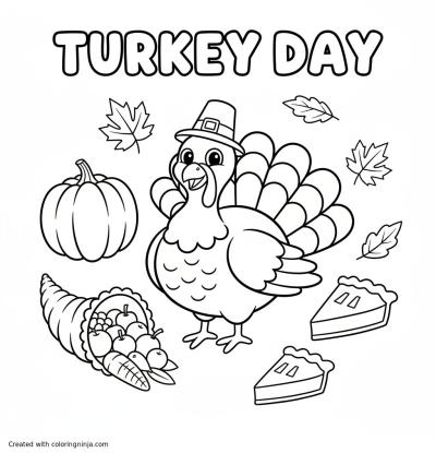 A coloring page of a turkey and thanksgiving motives with the text "turkey day"