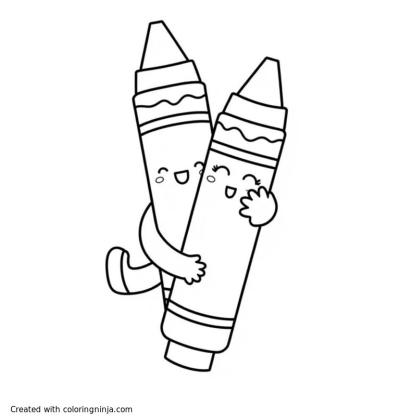 A coloring page of two crayons hugging each other