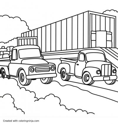 A coloring page of two drifting cars going around a shipping yard