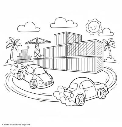 A coloring page of Two drifting cars going around a shipping yard