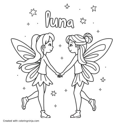 A coloring page of Two fairies holding hands with the name "Luna" in the sky