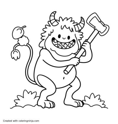 A coloring page of a two headed penis monster swinging an ax