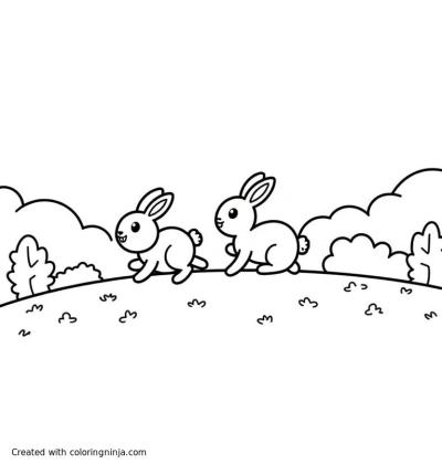 A coloring page of Two rabbits running up a hill in a meadow
