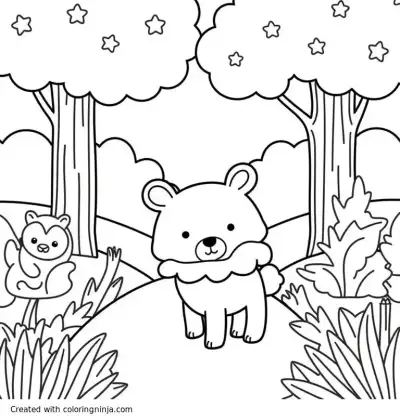 A coloring page of un bosque encantado con grandes arboles y un niño caminando por un sendero