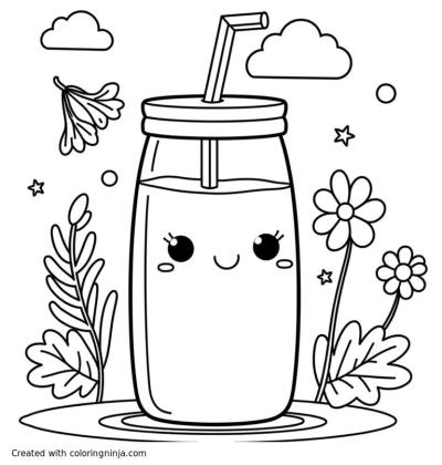 A coloring page of Un producto de vidrio llamado germent que esté cayendo agua y en un lado del lado izquierdo aparezca una flor de menta y al otro lado una flor de hierba mora