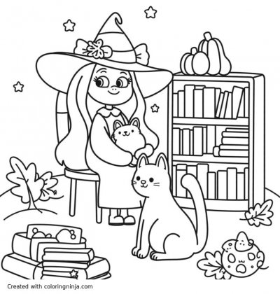 A coloring page of une sorcière mignonne assise dans une bibliothèque avec un chat noir