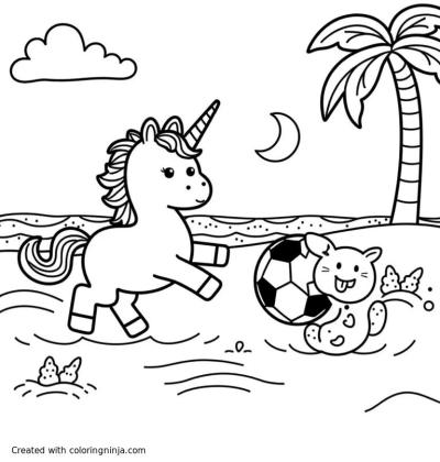 A coloring page of A unicorn and a donut playing soccer on a beach