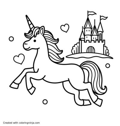 A coloring page of A unicorn flying with a castle in the background
