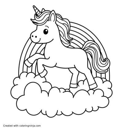 A coloring page of “Unicorn with a rainbow mane jumping over clouds, cartoon line art, outlined, no colors”