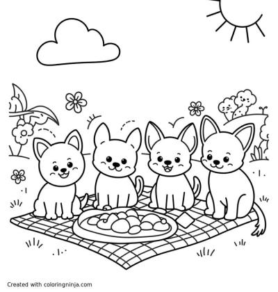 A coloring page of various types of chihuahuas at a picnic with sunny day background in a cute style