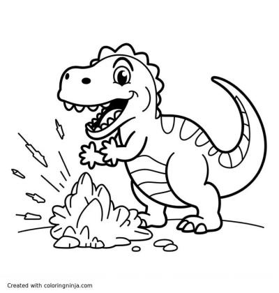 A coloring page of A very scary dinosaur breaking a rock with its fists. the rock is exploding