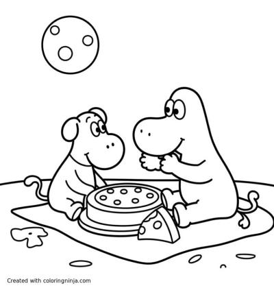 A coloring page of Wallace and gromit eating a cheese picnic on the moon 